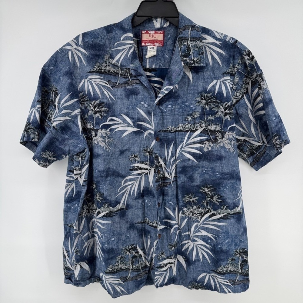 RJC Hawaiian Shirt 2XL Made Hawaii USA Blue VTG White Floral Aloha Camp Button